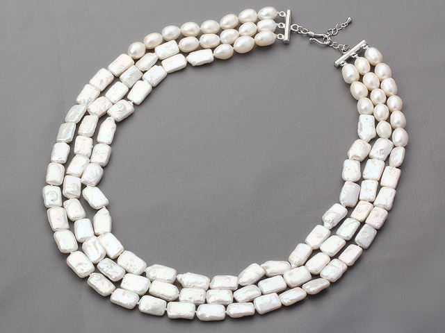 White Series Three Strands Rectangle Shape Rebirth Pearl Necklace