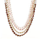 Fashion Four Strands Multi Color Baroque Freshwater Pearl and Clear Crystal Beads Necklace