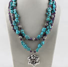 three strand turquoise amethyst tibet silver flower charm necklace