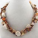 Brown Series Multi Strands Brown Freshwater Pearl Crystal and Agate and White Coral Necklace