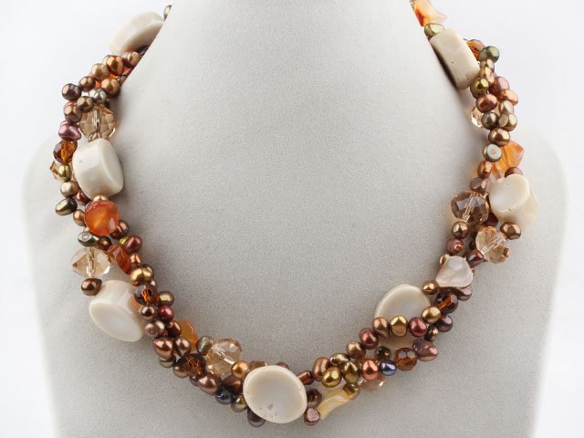 Brown Series Multi Strands Brown Freshwater Pearl Crystal and Agate and White Coral Necklace