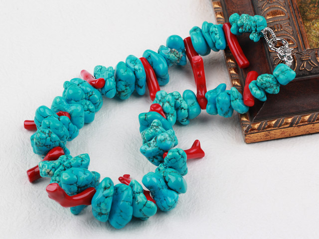 Irregular Shape Turquoise and Red Coral Branch Necklace