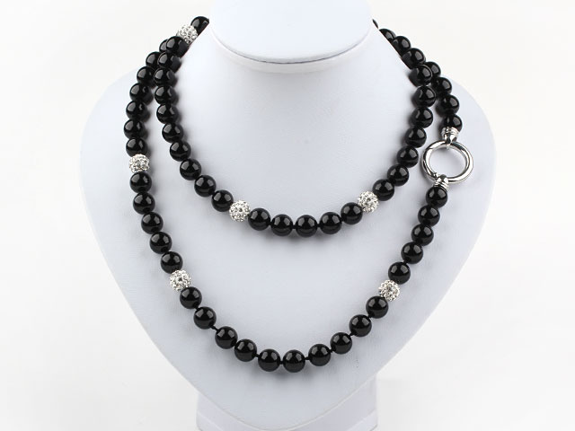 Long Style A Style 10mm Round Black Agate Beaded Necklace with White Rhinestone Beads