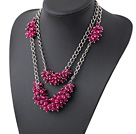 Two Layer Faceted Rose Pink Agate Cluster Necklace with Metal Chain