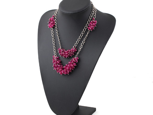 Two Layer Faceted Rose Pink Agate Cluster Necklace with Metal Chain