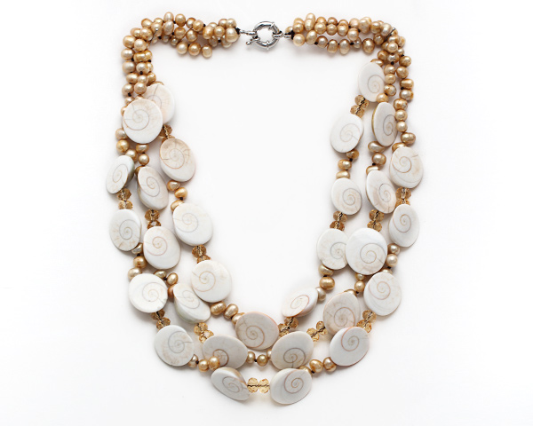 Multi Strands Champagne Color Pearl and Shell Fossil Necklace