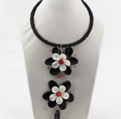 White Lip Shell and Black Agate Flower and Red Coral Choker Necklace