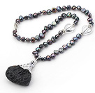 Black Pearl Necklace With Aerolite Pendant and Heart Shape Clear Crystal
