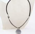 Simple Design Gray Oval Agate Pendant Necklace With Black Leather