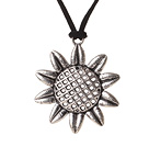 New Arrival Simple Long Style Tibet Silver Sun Flower Pendant Necklace with Black Leather