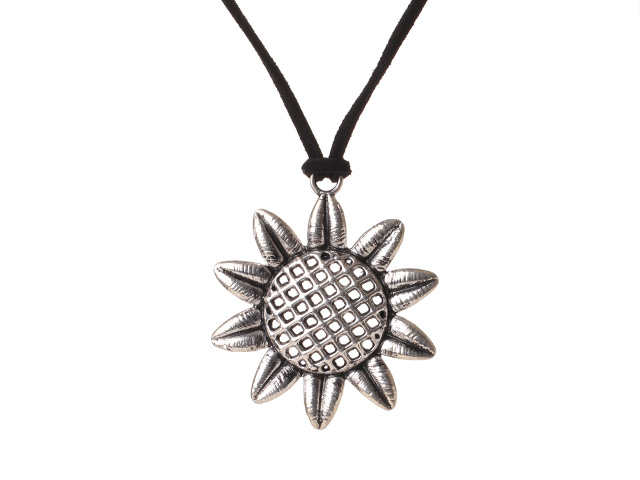 New Arrival Simple Long Style Tibet Silver Sun Flower Pendant Necklace with Black Leather