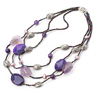 Charming 3-Strand Multi Amethyst Purple Pearl And Red Agate Beads Necklace