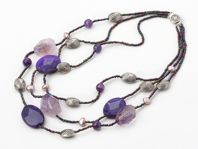 Charming 3-Strand Multi Amethyst Purple Pearl And Red Agate Beads Necklace