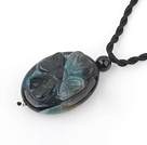Nice Black Agate Engraved Flower Pendant Necklace With Black Twisted Cord