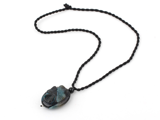 Nice Black Agate Engraved Flower Pendant Necklace With Black Twisted Cord