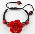 Fashion Style Carnelian and Dark Red Turquoise Flower Woven Drawstring Bracelet with Adjustable Thread