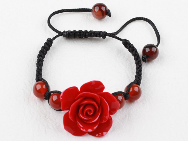 Fashion Style Carnelian and Dark Red Turquoise Flower Woven Drawstring Bracelet with Adjustable Thread
