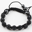 10mm Black Rhinestone Ball Woven Drawstring Bracelet with Adjustable Thread