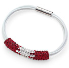 Red and White Tube Shape Rhinestone Bracelet with White Leather and Magnetic Clasp