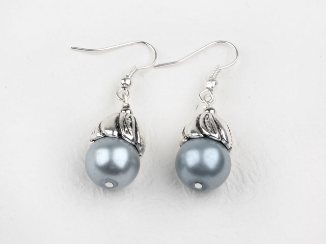 New Design Round Grey Seashell Beads And Cap Charm Dangle Earrings With Fish Hook