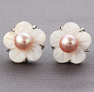 Charming Natural Pink Freshwater Pearl And White Shell Flower Ear Studs For Women