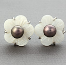 Charming Natural Purple Freshwater Pearl And White Shell Flower Ear Studs For Women