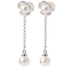 Fashion Long Chain Dangling Style Natural White Freshwater Pearl And White Seashell Beads Studs Earrings