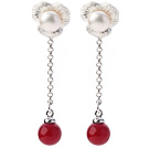 Nice Long Chain Dangling Style Natural White Freshwater Pearl And Round Red Seashell Beads Studs Earrings
