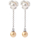 Nice Long Chain Dangling Style Natural White Freshwater Pearl And Round Golden Seashell Beads Studs Earrings