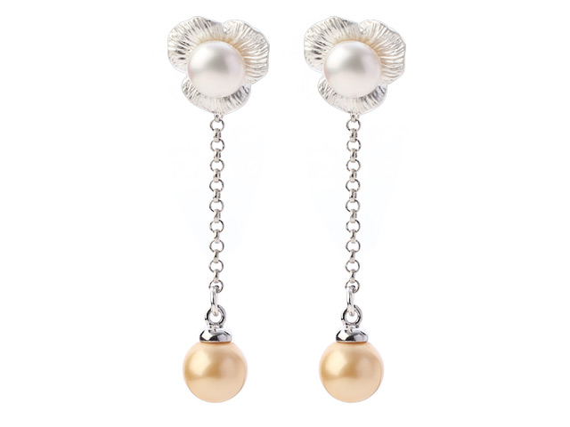 Nice Long Chain Dangling Style Natural White Freshwater Pearl And Round Golden Seashell Beads Studs Earrings