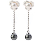 Simple Long Chain Dangling Style Natural White Freshwater Pearl And Round Black Seashell Beads Studs Earrings