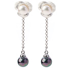 Simple Long Chain Dangling Style Natural White Freshwater Pearl And Round Black AB Color Seashell Beads Studs Earrings