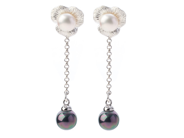 Simple Long Chain Dangling Style Natural White Freshwater Pearl And Round Black AB Color Seashell Beads Studs Earrings