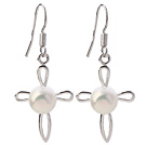 Fashion 6-7mm Natural White Freshwater Pearl With Cross Shape Charm Dangle Earrings