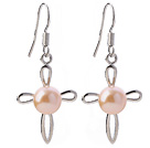 Fashion 6-7mm Natural Pink Freshwater Pearl With Cross Shape Charm Dangle Earrings