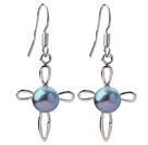 Fashion 6-7mm Natural Purple Freshwater Pearl With Cross Shape Charm Dangle Earrings