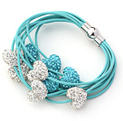 2013 Summer New Design Lake Blue Leather Bracelet with Heart Shape White and Blue Rhinestone