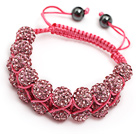 elegant layer style 10mm pink rhinestone woven adjustable pink drawstring bracelet