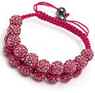 fashion layer style 10mm pinkish red rhinestone woven adjustable pink drawstring bracelet