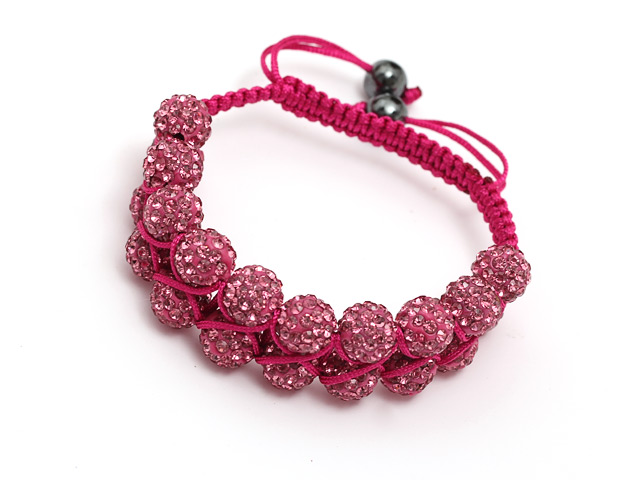 fashion layer style 10mm pinkish red rhinestone woven adjustable pink drawstring bracelet