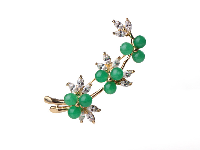 Fashion Branch Round Green Inlaid Malaysian Jade Brooch With Charming Rhinestones