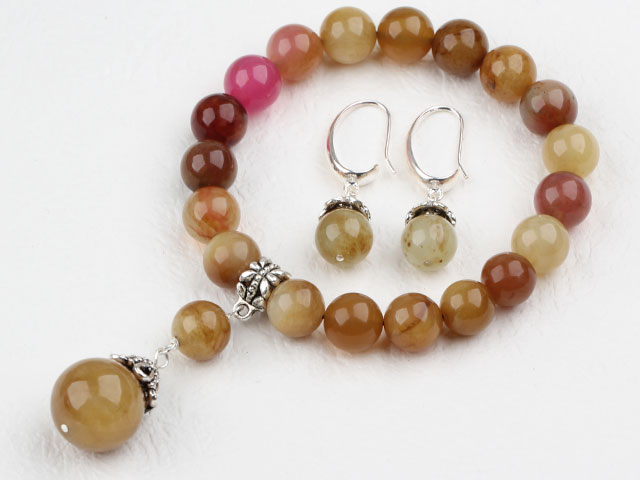 Classic Design Round Three Colored Jade Beaded Bracelet with Matched Earrings