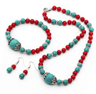 Turquoise and Red Coral Set ( Necklace Bracelet and Matched Earrings )
