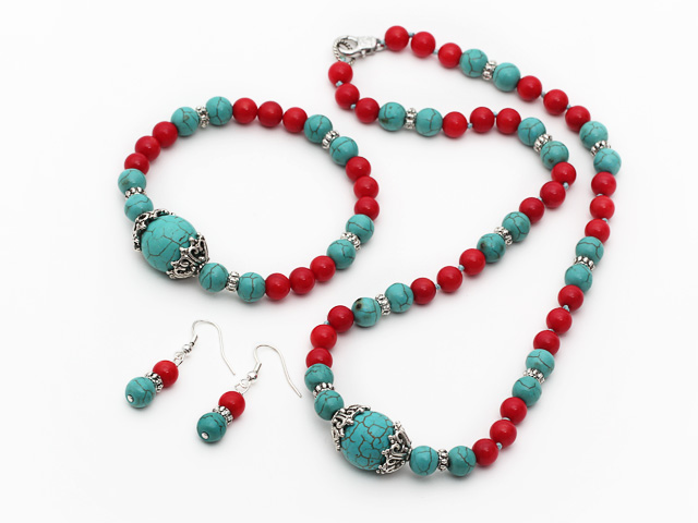 Turquoise and Red Coral Set ( Necklace Bracelet and Matched Earrings )