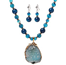 Nice Round Blue Agate Beaded Sets (Golden Wire-Wrap Crystallized Agate Pendant Necklace With Matched Earrings)