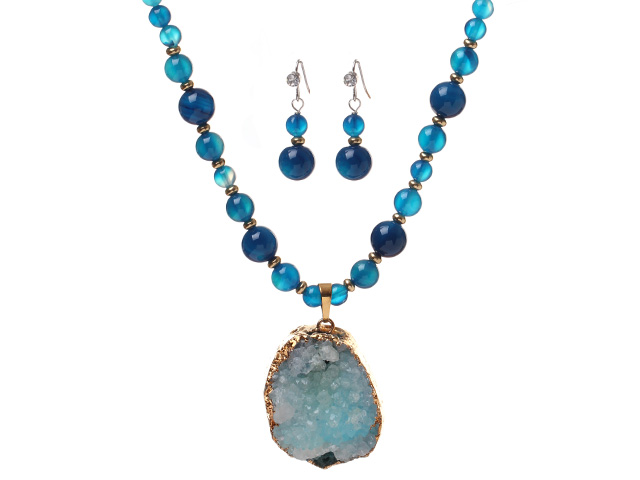 Nice Round Blue Agate Beaded Sets (Golden Wire-Wrap Crystallized Agate Pendant Necklace With Matched Earrings)