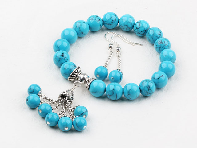 Classic Blue Turquoise Beaded Set ( Elastic Bracelet and Matched Earrings )