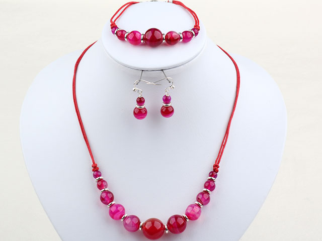 Simple Style Rose Pink Agate Set ( Necklace Bracelet and Matched Earrings )