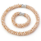 Golden Champagne Color Series Jade Tube Shape Woven Set ( Necklace and Matched Bracelet)