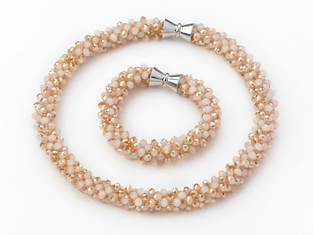 Golden Champagne Color Series Jade Tube Shape Woven Set ( Necklace and Matched Bracelet)